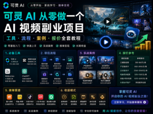 可灵 AI 视频副业项目教程封面图，展示工具、流程、案例、报价、交付和版权风险的完整副业体系。