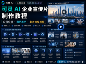 可灵 AI 企业宣传片制作教程封面图，展示公司介绍、团队展示和业务流程视频的完整创意与制作工作流。
