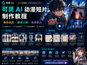 可灵 AI 动漫短片制作教程封面图，展示角色设定、剧情分镜和连续镜头生成的完整创作工作流。