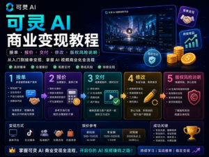 可灵 AI 商业变现教程封面图，展示接单、报价、交付、修改和版权风险控制的完整服务流程。