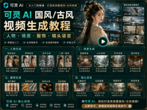 可灵 AI 国风 / 古风视频生成教程封面图，展示人物、场景、服饰和镜头语言的完整视频生成工作流。