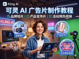 可灵 AI 广告片制作教程封面图，展示品牌短片、产品宣传片和活动预热视频的完整创意与制作工作流。