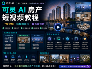 可灵 AI 房产短视频教程封面图，展示户型介绍、样板间展示和城市宣传片的完整创意与制作工作流。