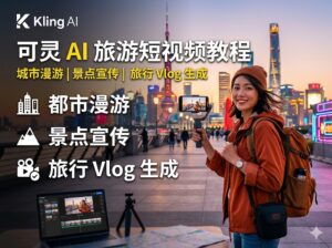 可灵 AI 旅游短视频教程封面图，展示城市漫游、景点宣传和旅行 Vlog 的完整创意与制作工作流。
