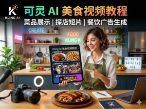 可灵 AI 美食视频教程封面图，展示菜品展示、探店短片和餐饮广告的完整创意与制作工作流。