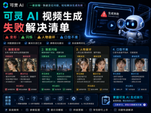 可灵 AI 视频生成失败解决清单封面图，展示变形、闪烁、人物崩坏和口型不准等常见问题的系统排查流程。