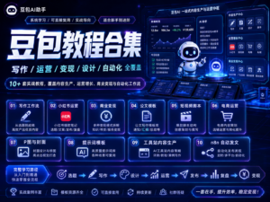 豆包教程合集资料包封面，包含豆包提示词、写作工作流、短视频脚本、P图封面、小红书运营、电商运营、公文写作和自动化发文教程