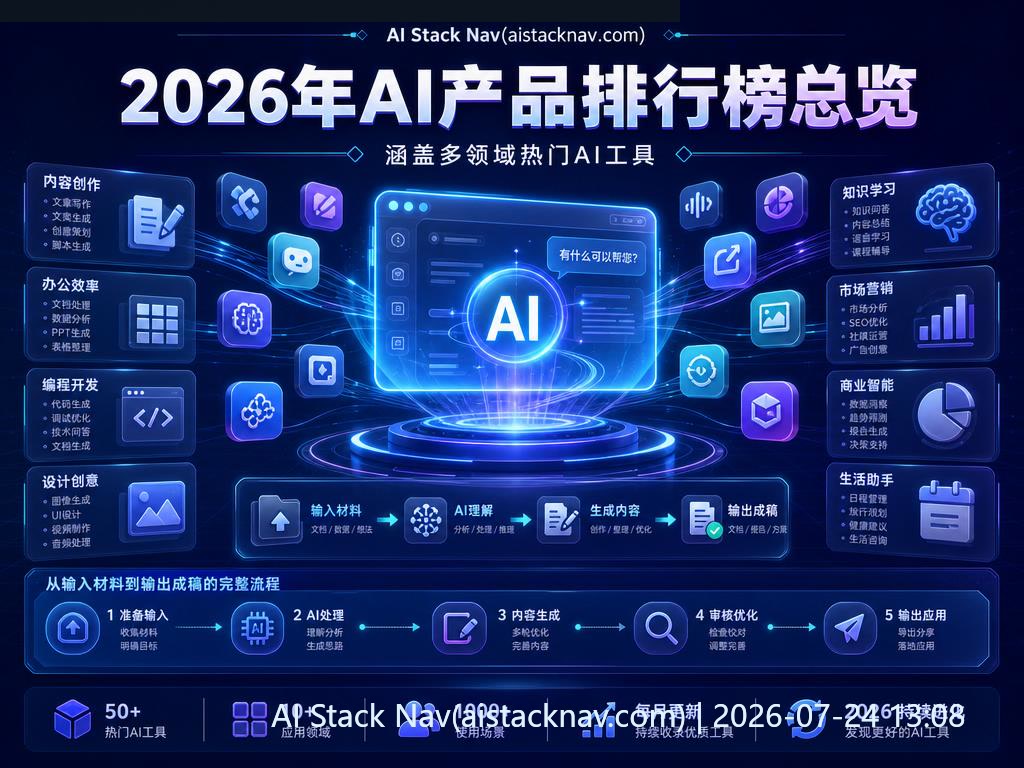 2026年AI产品排行榜封面图，科技感深蓝背景，AI图标与发光效果