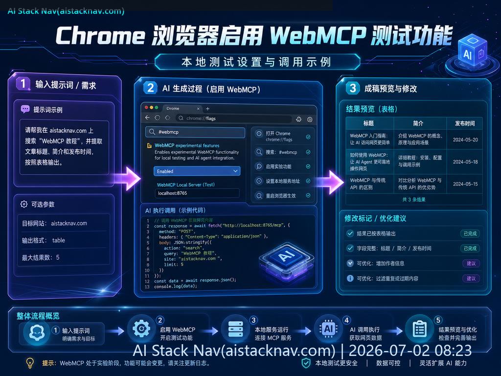 Chrome 浏览器启用 WebMCP 测试功能示意图