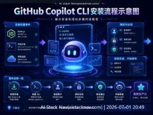 GitHub Copilot CLI 教程封面，科技感蓝色背景，AI 图标和流程元素