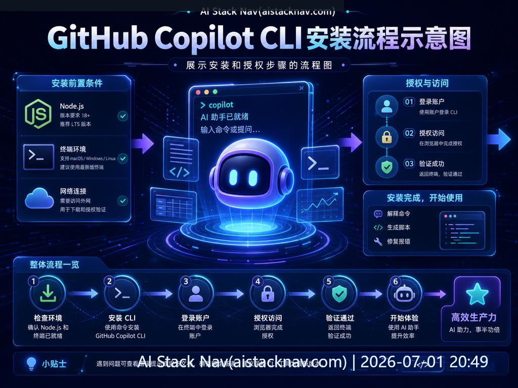 GitHub Copilot CLI 教程封面，科技感蓝色背景，AI 图标和流程元素