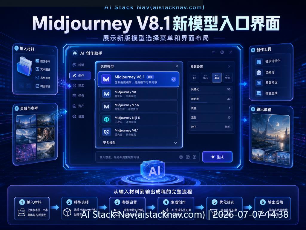 Midjourney V8.1使用教程封面，科技感深蓝背景，AI图标与流程元素
