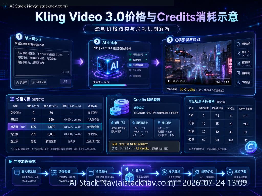 Kling Video 3.0价格与Credits消耗示意