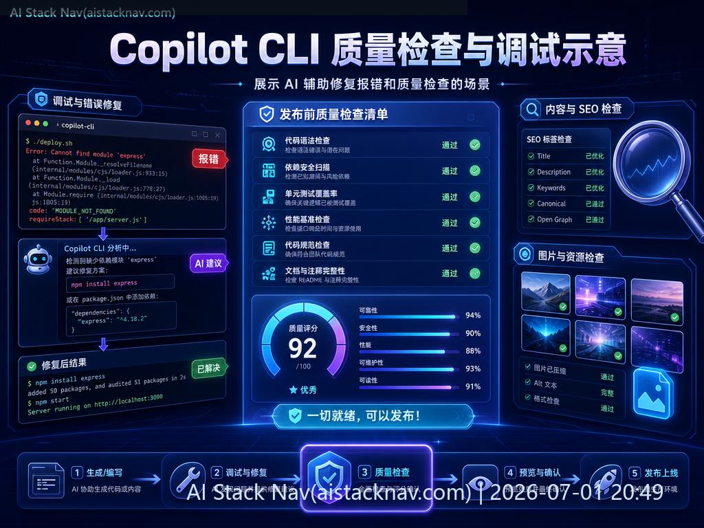 GitHub Copilot CLI 质量检查与调试示意