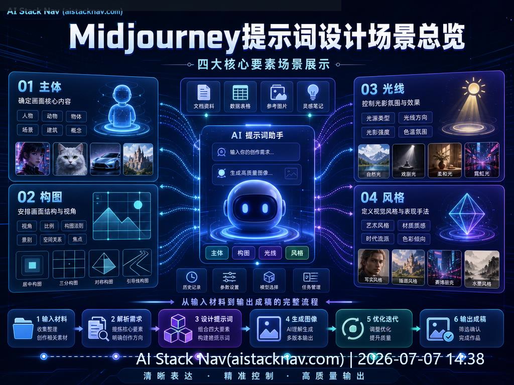 Midjourney提示词写作教程封面，科技感深蓝背景，AI图标与发光效果