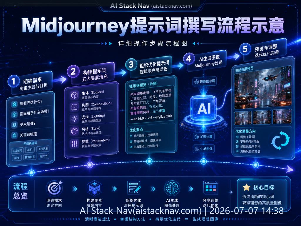 Midjourney提示词撰写流程示意图