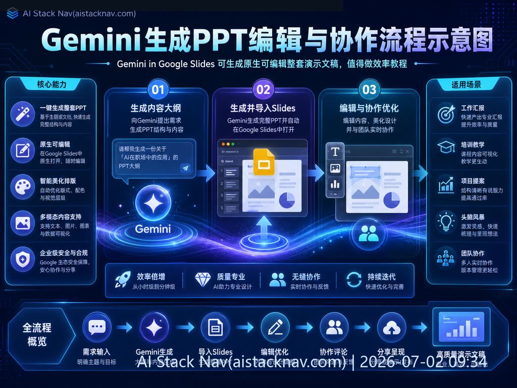 Gemini in Google Slides 可生成原生可编辑整套演示文稿，值得做效率教程 科技感课程封面海报配图 2