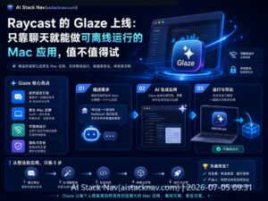 Raycast Glaze 科技感封面,深蓝背景,AI 图标与发光效果
