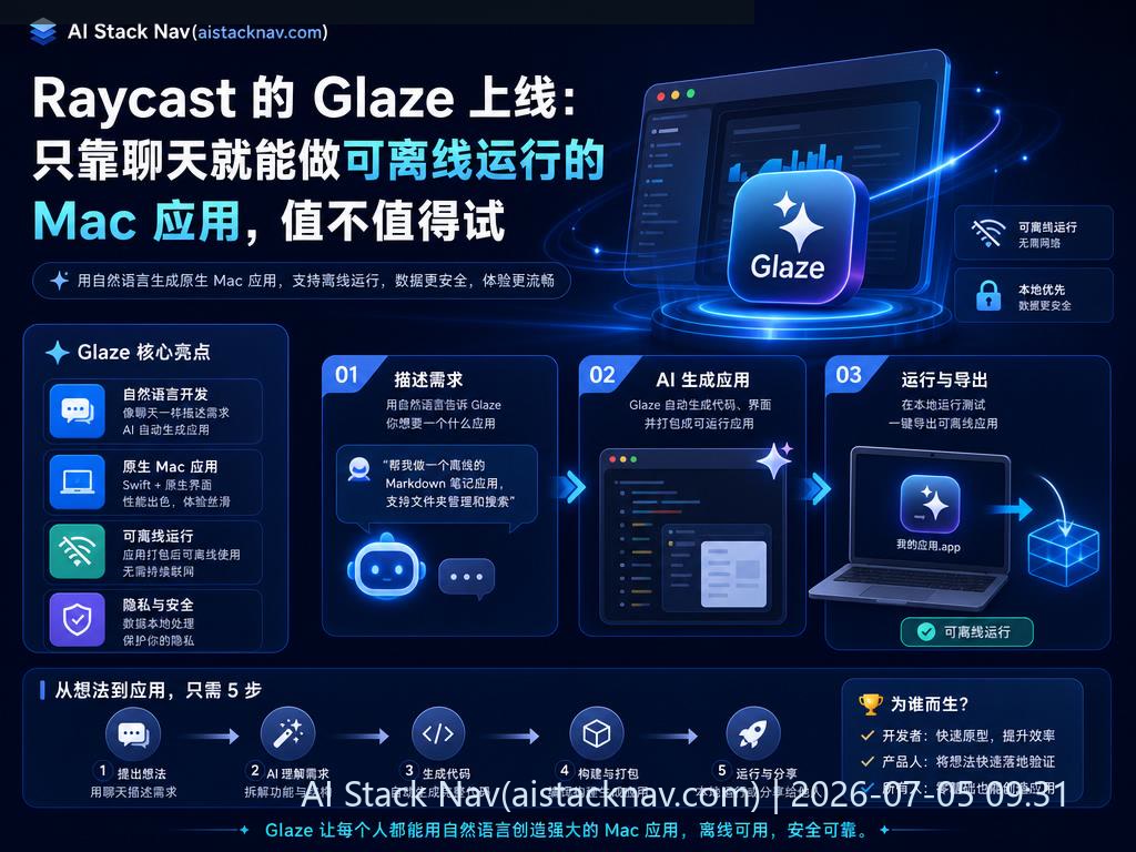 Raycast Glaze 科技感封面，深蓝背景，AI 图标与发光效果