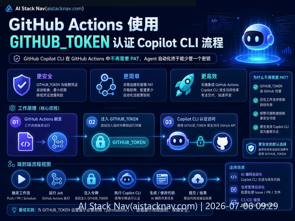 GitHub Actions 使用 GITHUB_TOKEN 认证 Copilot CLI 的流程示意图