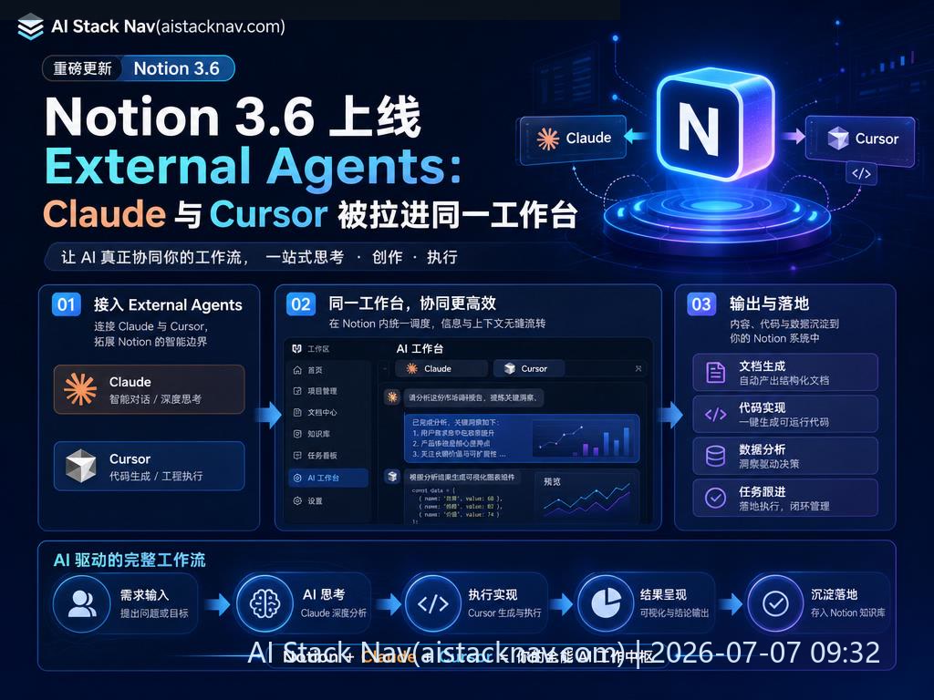 Notion 3.6 版本科技感封面，展示 AI 助手协同办公