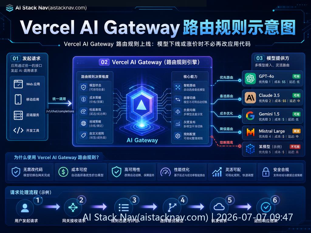 Vercel AI Gateway 路由规则上线：模型下线或涨价时不必再改应用代码 科技感课程封面海报配图 1