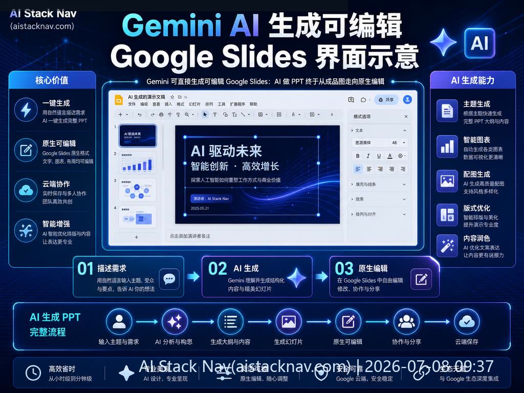 Gemini 可直接生成可编辑 Google Slides：AI 做 PPT 终于从成品图走向原生编辑 科技感课程封面海报配图 1