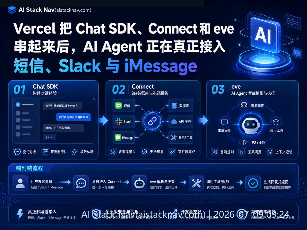 Vercel Chat SDK 多渠道 AI Agent 接入示意图