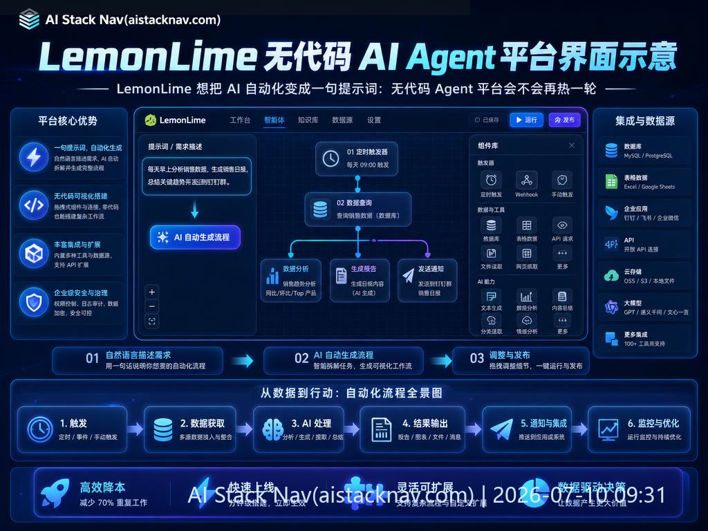 LemonLime 无代码 AI Agent 平台界面示意