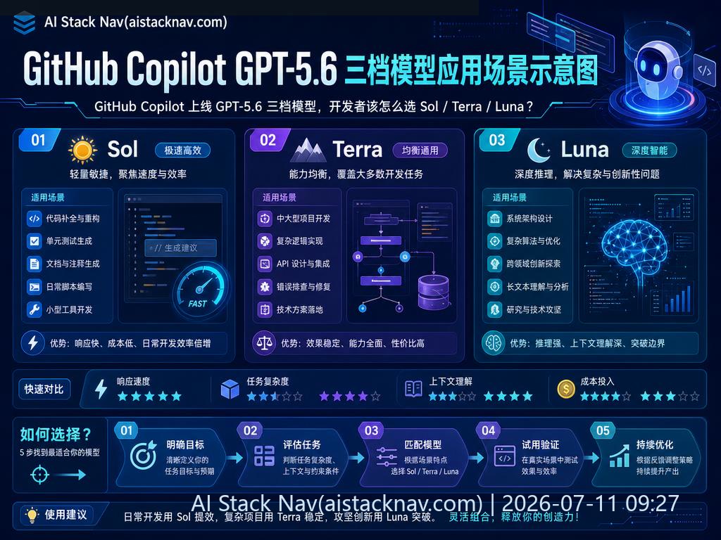 GitHub Copilot GPT-5.6 三档模型应用场景示意图