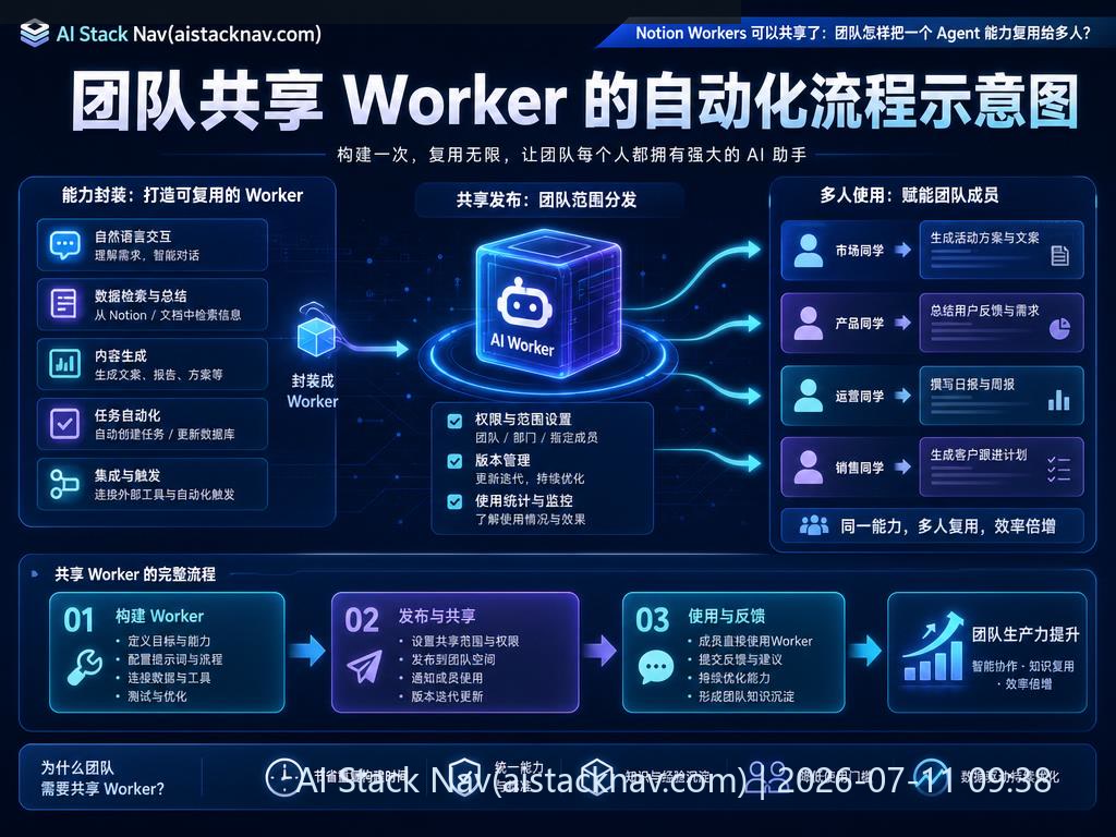 Notion Workers 可以共享了：团队怎样把一个 Agent 能力复用给多人？ 科技感课程封面海报配图 2