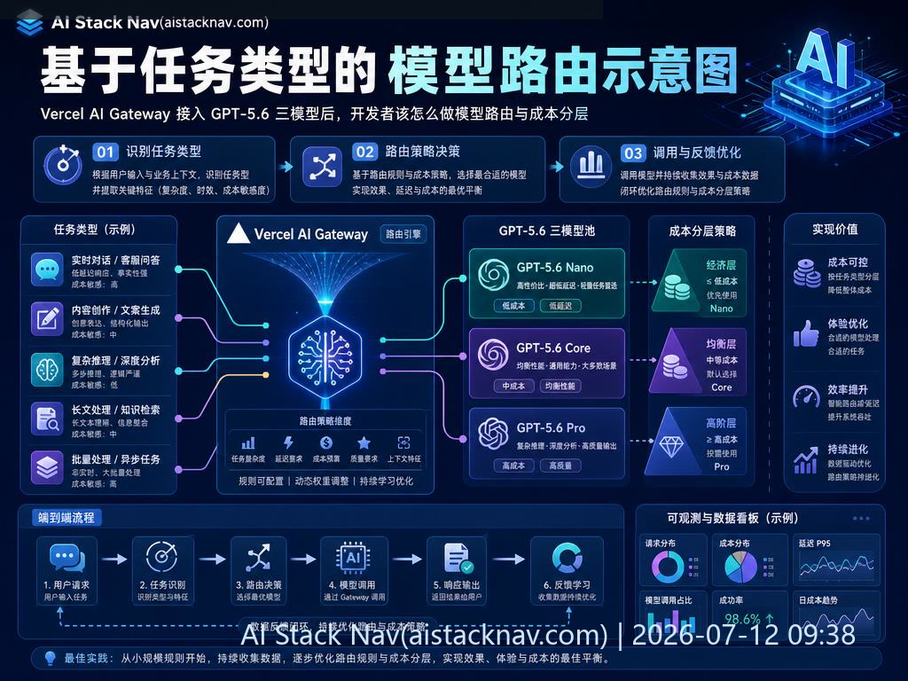 Vercel AI Gateway 接入 GPT-5.6 三模型后，开发者该怎么做模型路由与成本分层 科技感课程封面海报配图 1