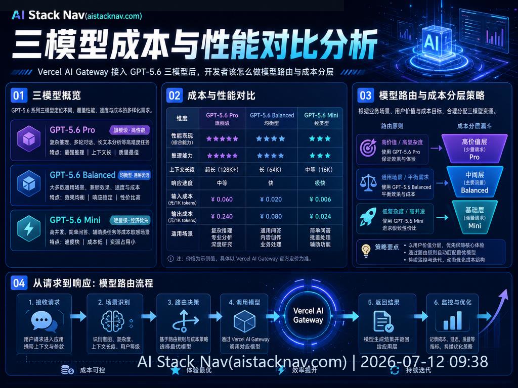 Vercel AI Gateway 接入 GPT-5.6 三模型后，开发者该怎么做模型路由与成本分层 科技感课程封面海报配图 2