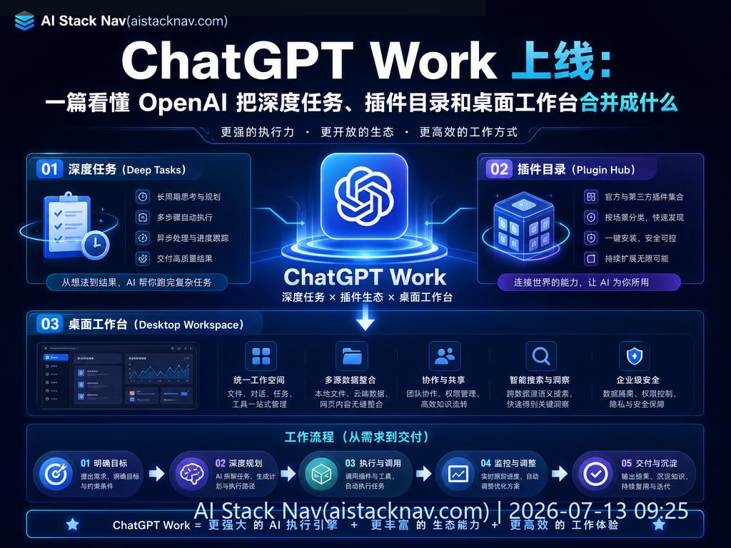 ChatGPT Work 科技感封面图，深蓝色背景，AI 图标与流程元素