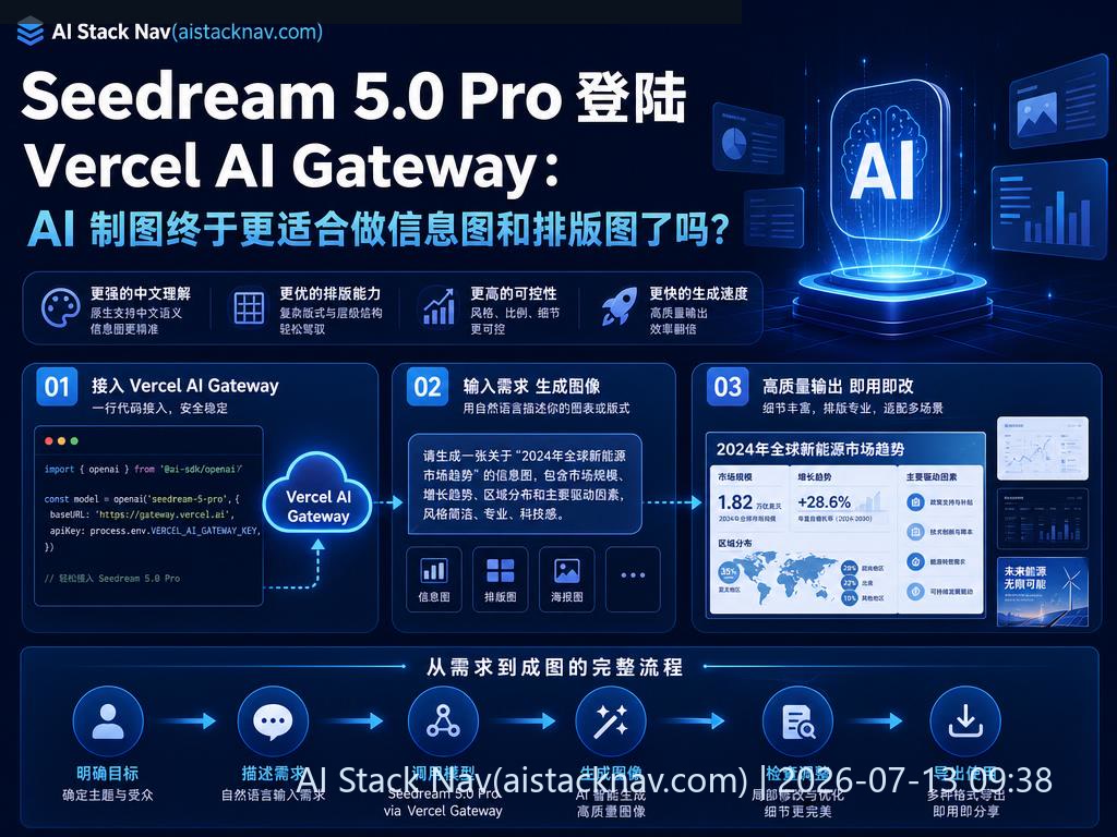 Seedream 5.0 Pro AI制图登陆Vercel AI Gateway科技感封面