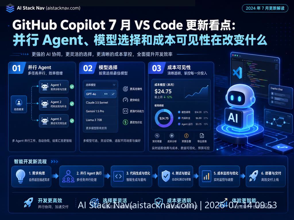 GitHub Copilot 7 月 VS Code 更新，展示并行 Agent 和模型选择功能