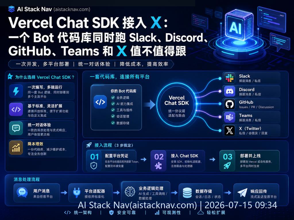 Vercel Chat SDK 多渠道 Bot 统一接入示意图