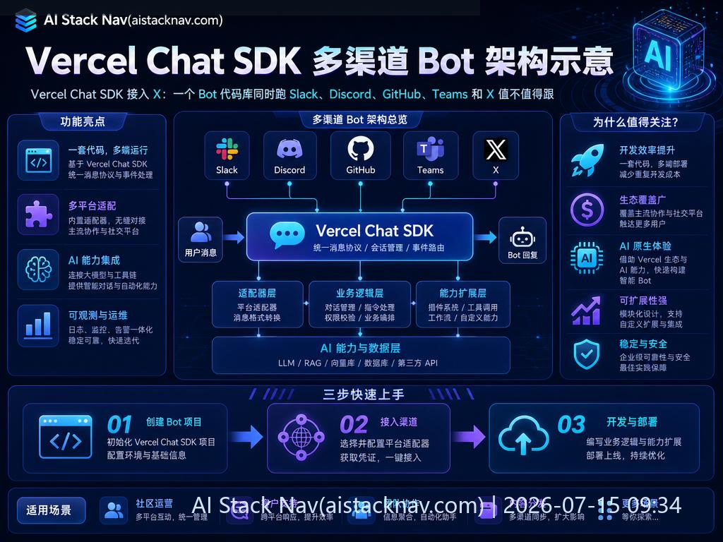 Vercel Chat SDK 多渠道 Bot 架构示意图
