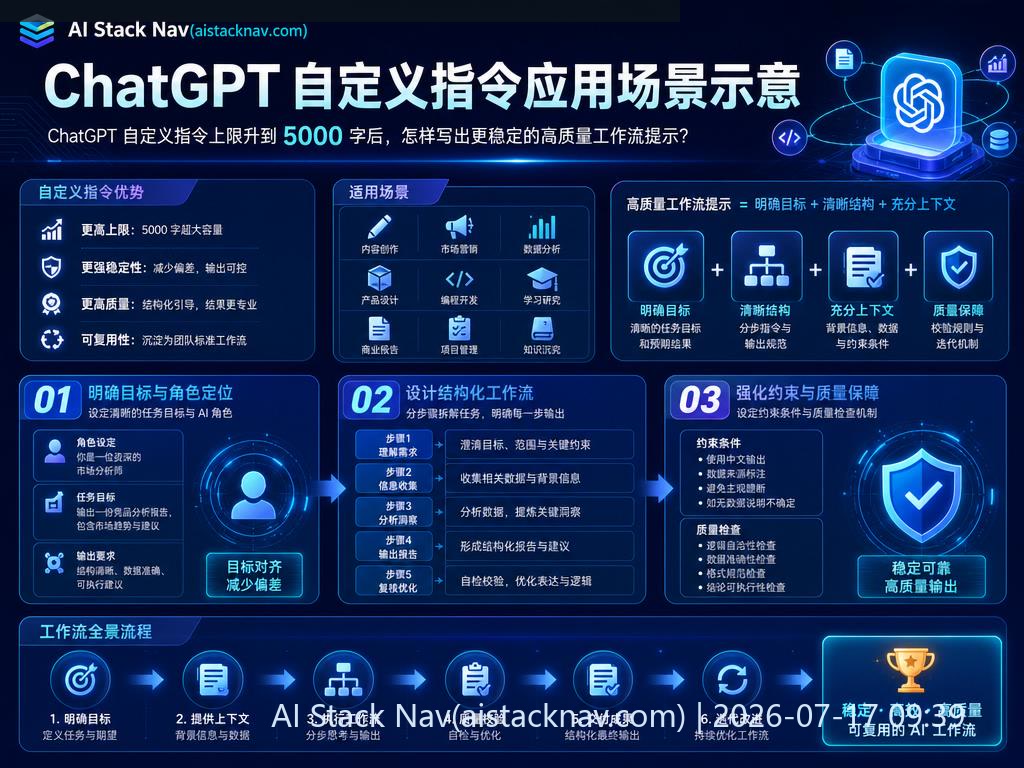ChatGPT 自定义指令上限升到 5000 字后,怎样写出更稳定的高质量工作流提示? 科技感课程封面海报配图 2