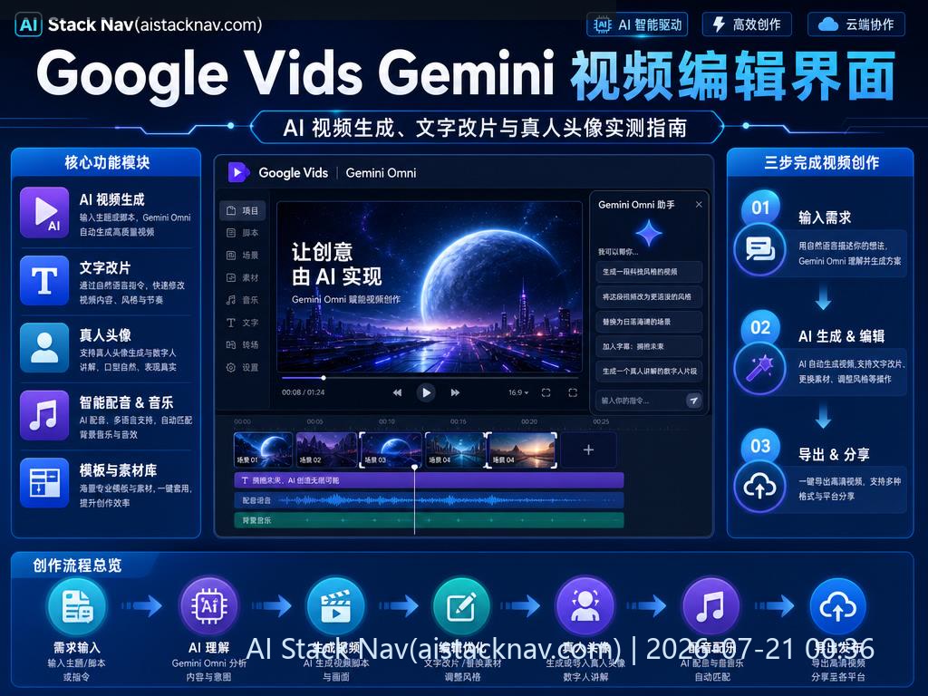 Google Vids 接入 Gemini Omni：AI 视频生成、文字改片与真人头像实测指南 科技感课程封面海报配图 1