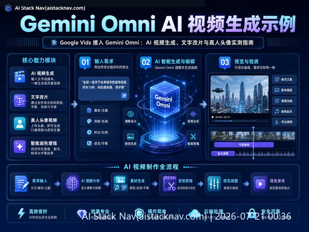 Google Vids 接入 Gemini Omni：AI 视频生成、文字改片与真人头像实测指南 科技感课程封面海报配图 2