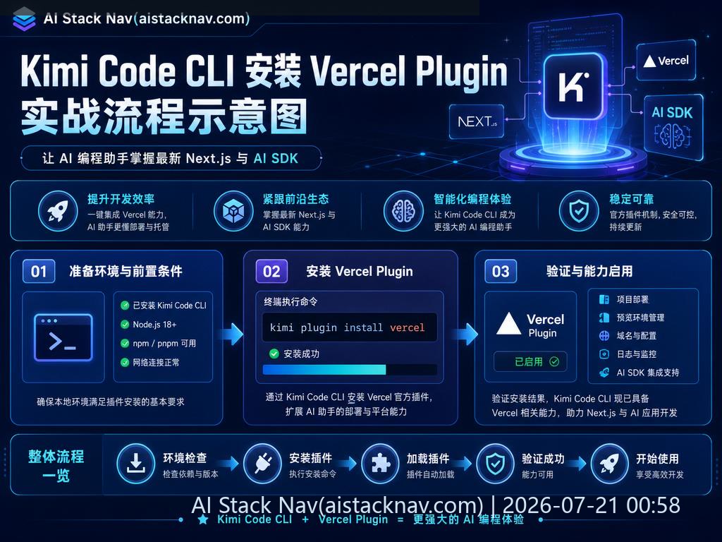 Kimi Code CLI 安装 Vercel Plugin 实战流程示意图