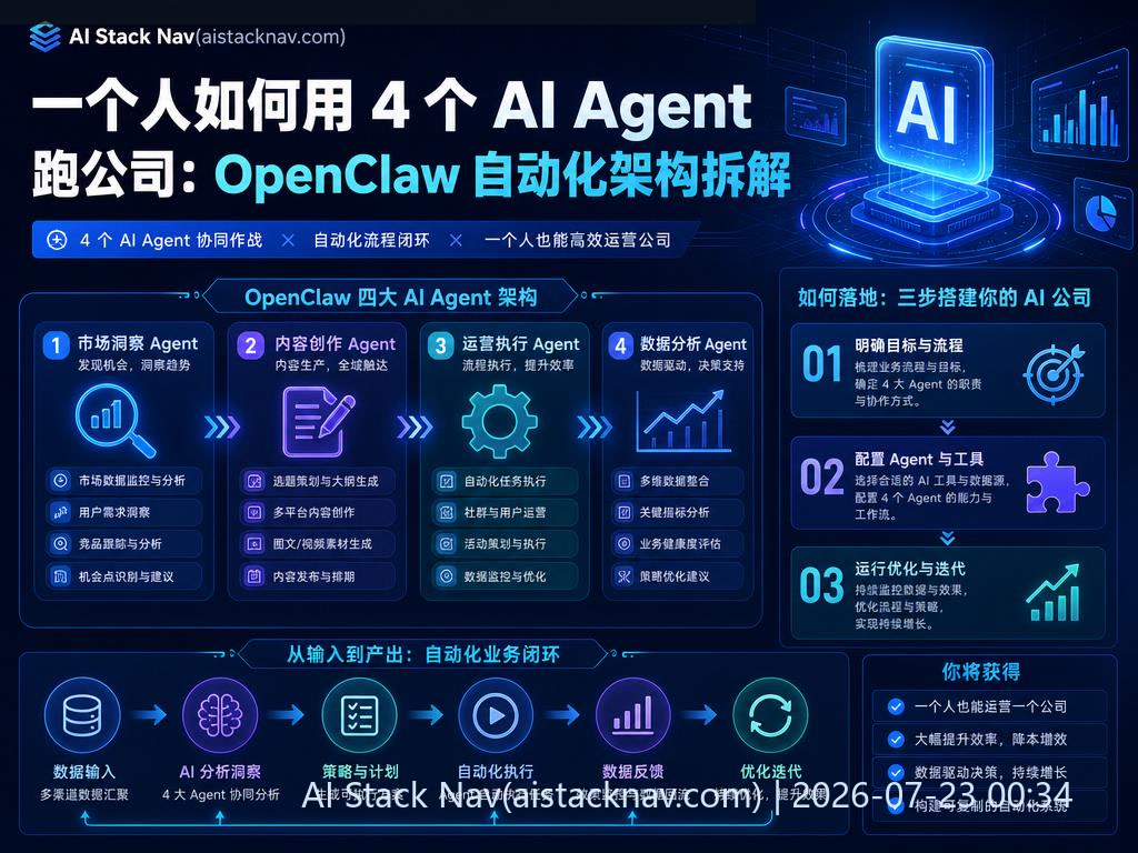 OpenClaw 自动化架构示意图，深蓝色科技风背景
