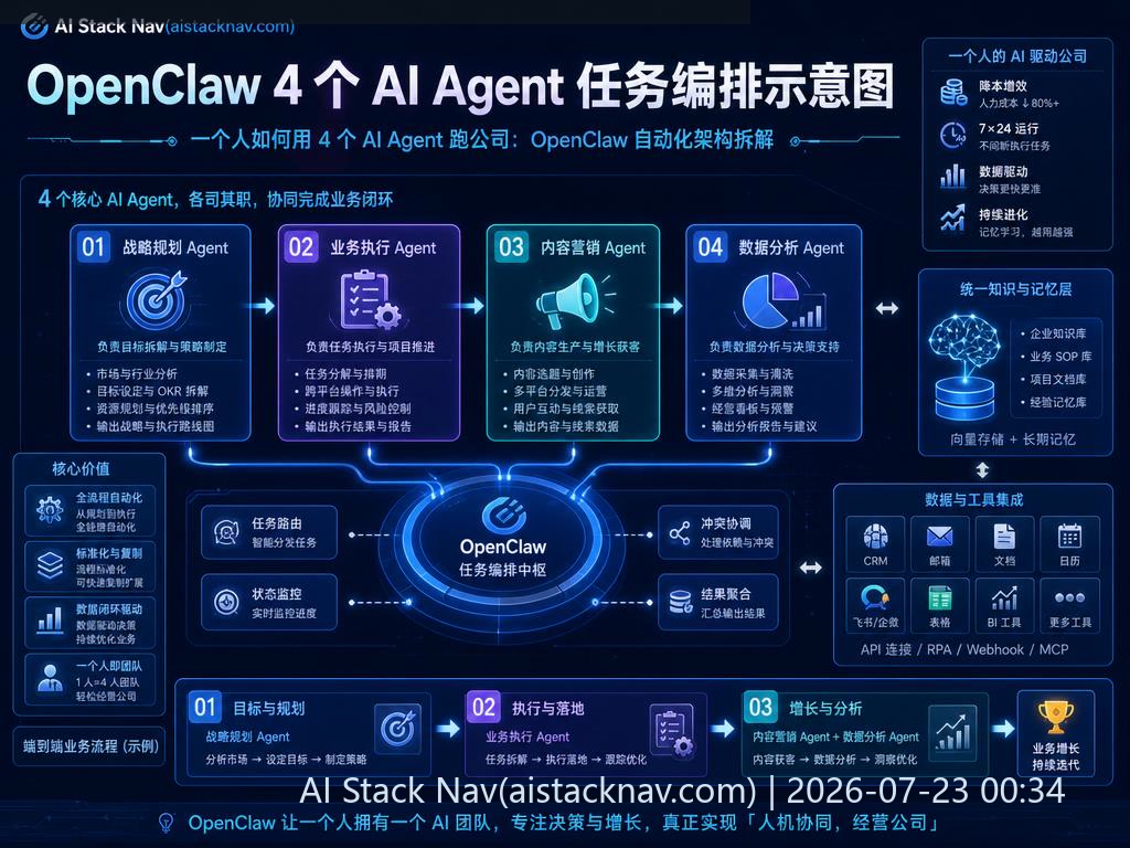 一个人如何用 4 个 AI Agent 跑公司：OpenClaw 自动化架构拆解 科技感课程封面海报配图 1
