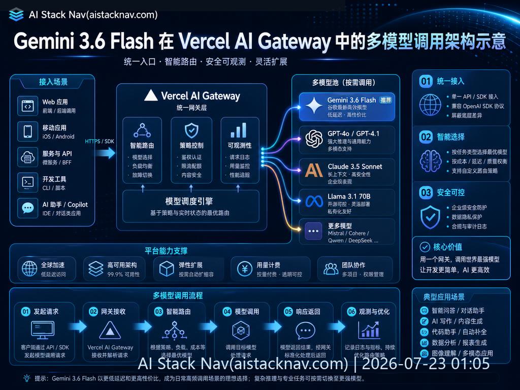Gemini 3.6 Flash 在 Vercel AI Gateway 中的多模型调用架构示意