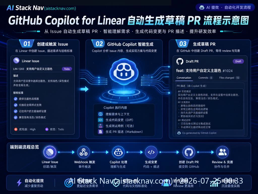 GitHub Copilot for Linear 自动生成草稿 PR 流程示意图