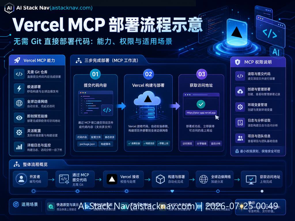 Vercel MCP 无需 Git 直接部署代码：能力、权限与适用场景 科技感课程封面海报配图 1
