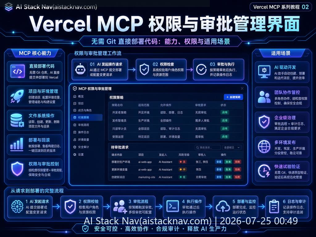Vercel MCP 无需 Git 直接部署代码：能力、权限与适用场景 科技感课程封面海报配图 2