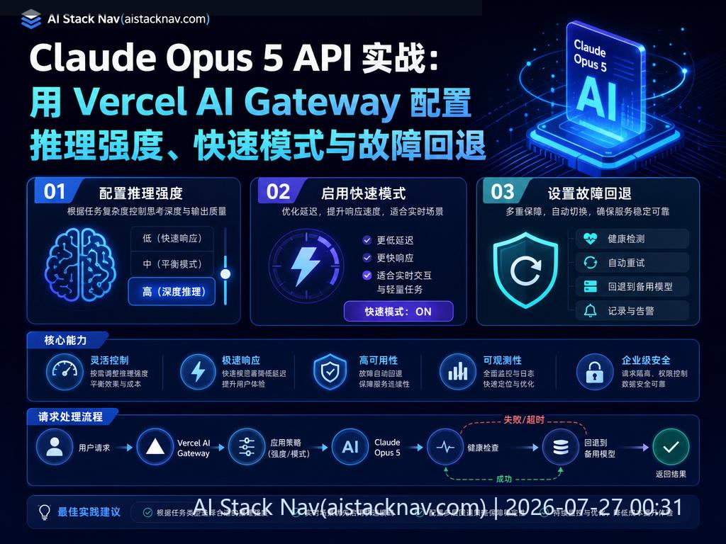 Claude Opus 5 API 实战教程封面，深蓝科技感背景，AI 图标与流程元素