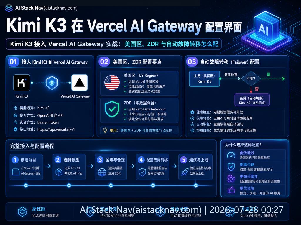 Kimi K3 在 Vercel AI Gateway 配置界面截图